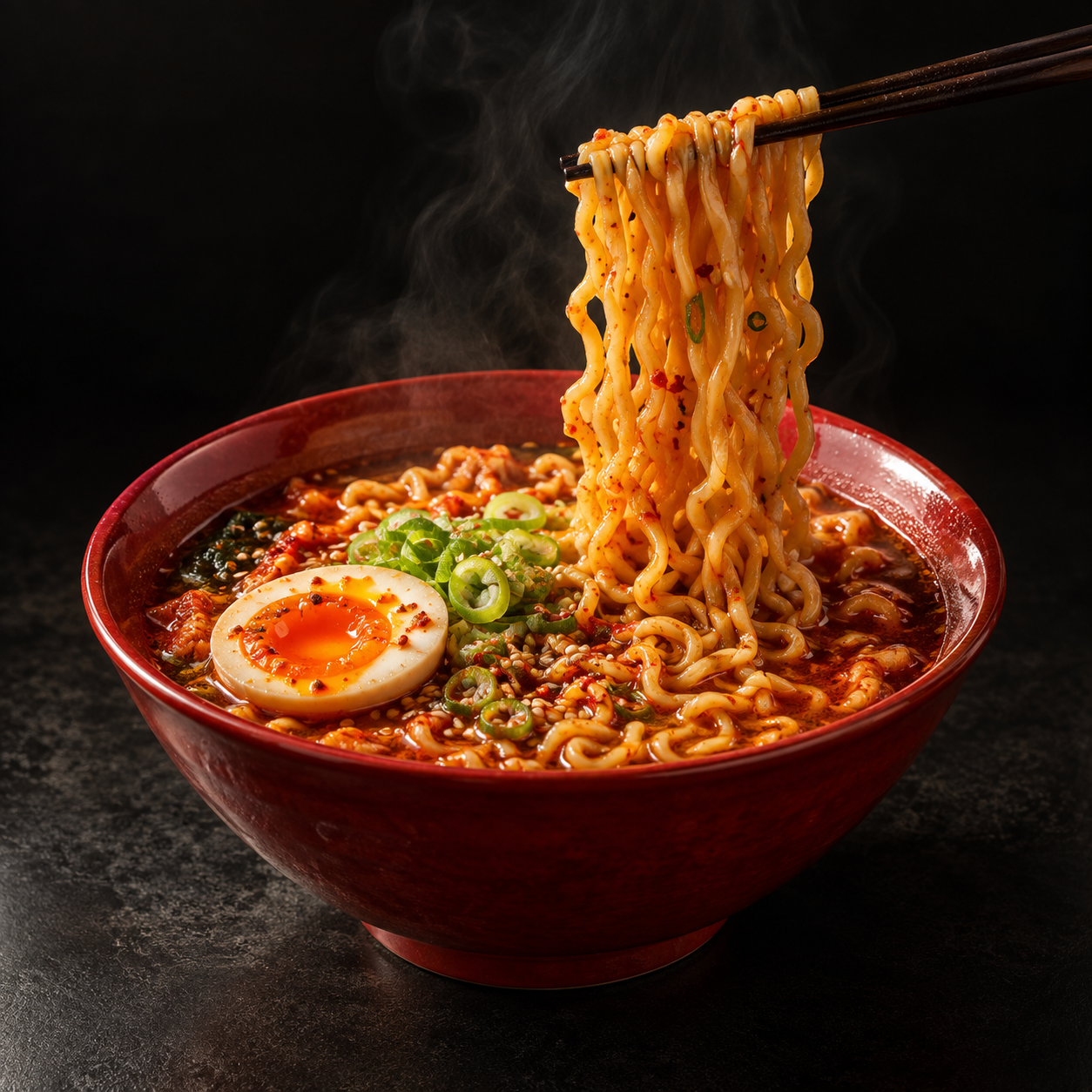 Composição ilustrativa de ramyeon com hashis, ovo e cebolinha